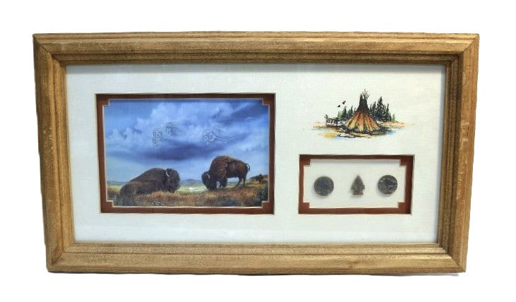 Cherokee Framed Art Print Buffalo's By Laverne Elliott with Nickels and Arrow Point
