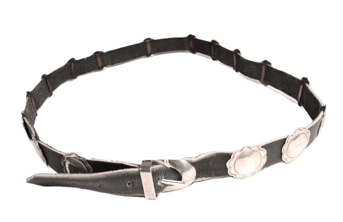 Navajo Sterling Silver Concho Black Leather Belt