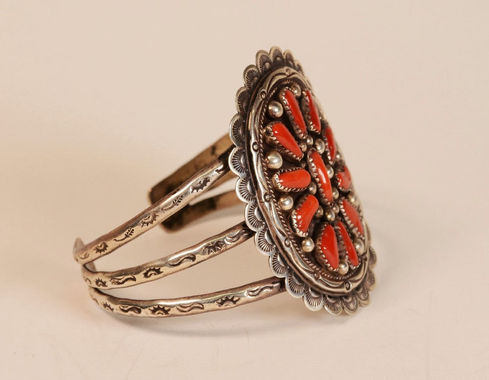 Large Navajo Sterling Silver and Red Coral Cuff Bracelet by Tommy Moore