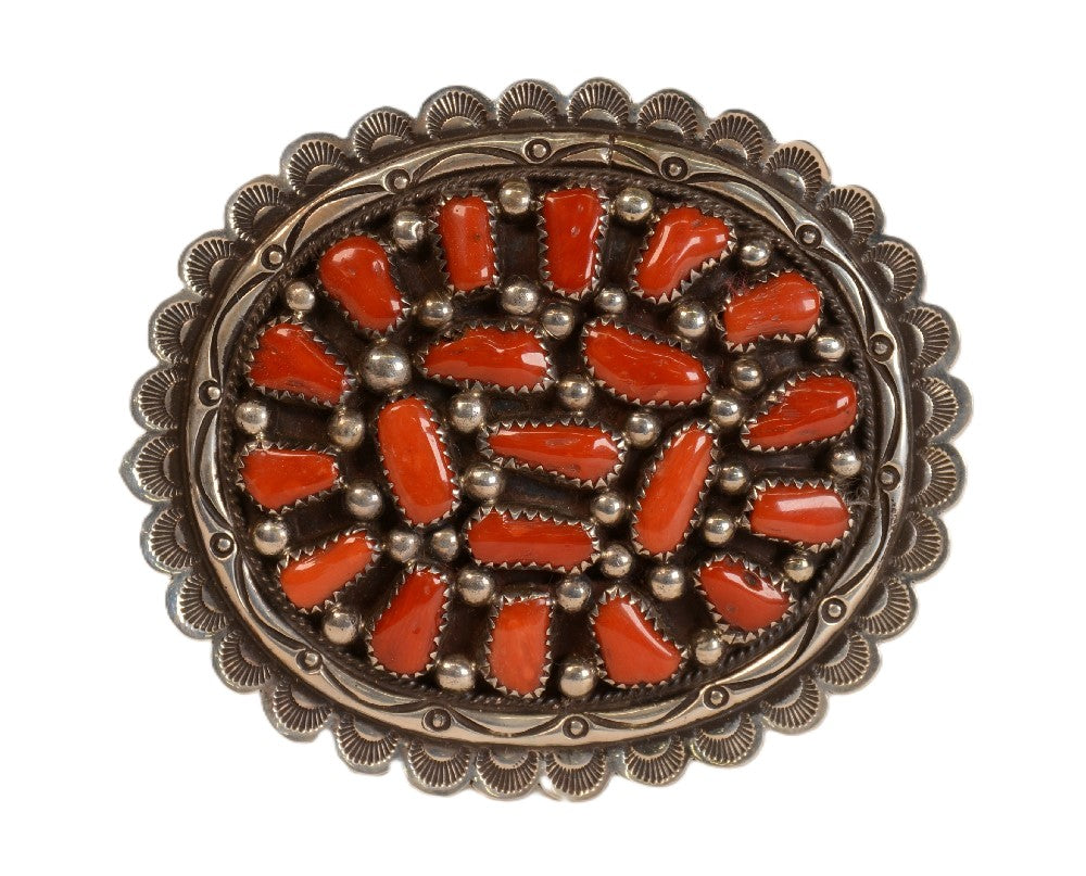 Navajo Sterling Silver and Red Coral Cuff Buckle by Tommy Moore