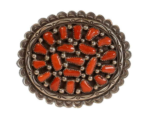 Navajo Sterling Silver and Red Coral Cuff Buckle by Tommy Moore