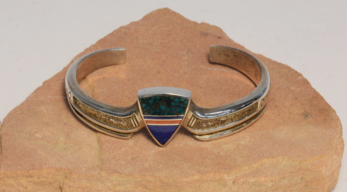 Navajo multi colored gem stone inlaid Bracelet by Ray Tracey 5" length + 1" gap