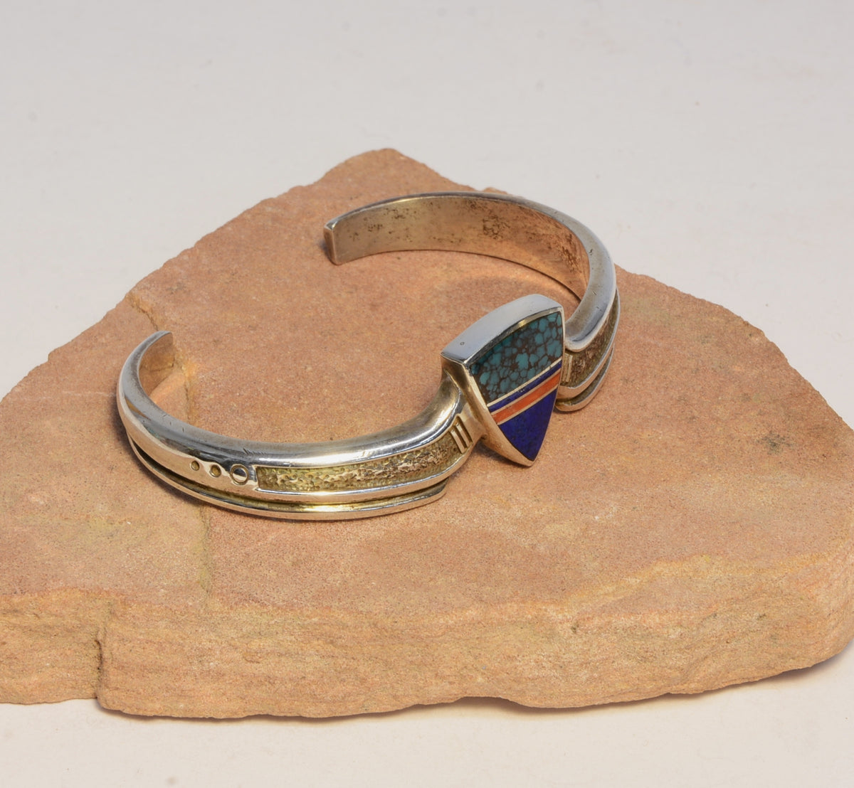 Navajo multi colored gem stone inlaid Bracelet by Ray Tracey 5" length + 1" gap
