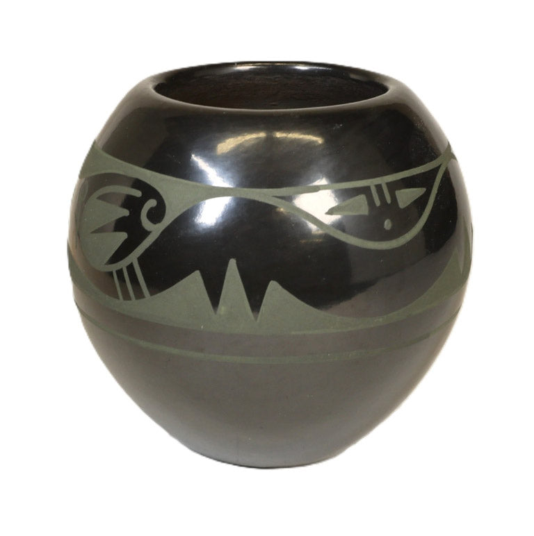 San Ildefonso Pueblo Black Pottery By Than Tsideh Green Matte Paint