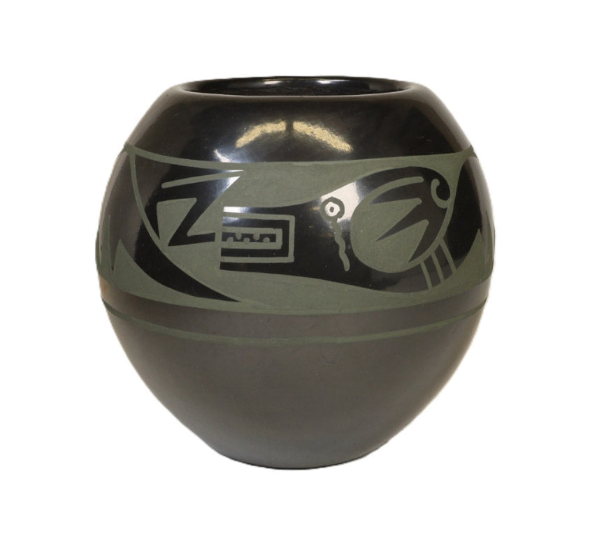 San Ildefonso Pueblo Black Pottery By Than Tsideh Green Matte Paint