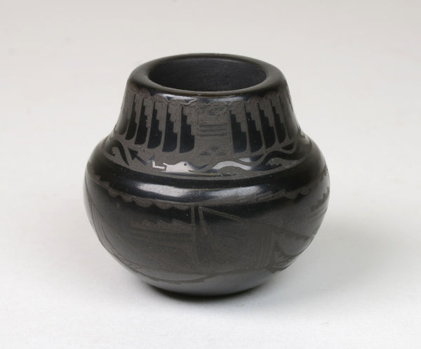 San Juan Pueblo Small Black Pottery With Avaynu by Ursula Curran, Okkay Owingeh