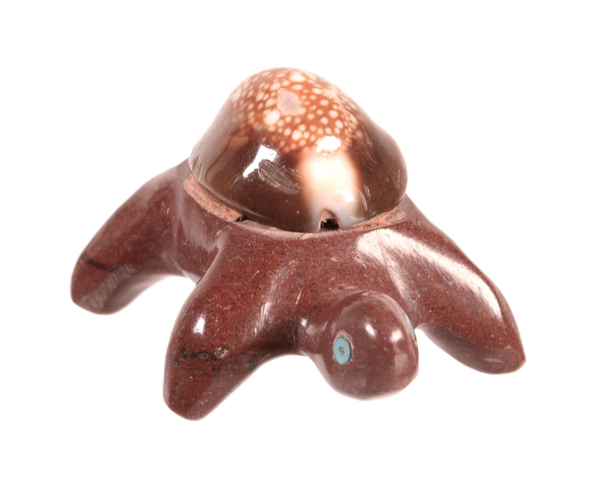 Zuni Pueblo Carved Red Stone Turtle with 1 Seashell Fetish
