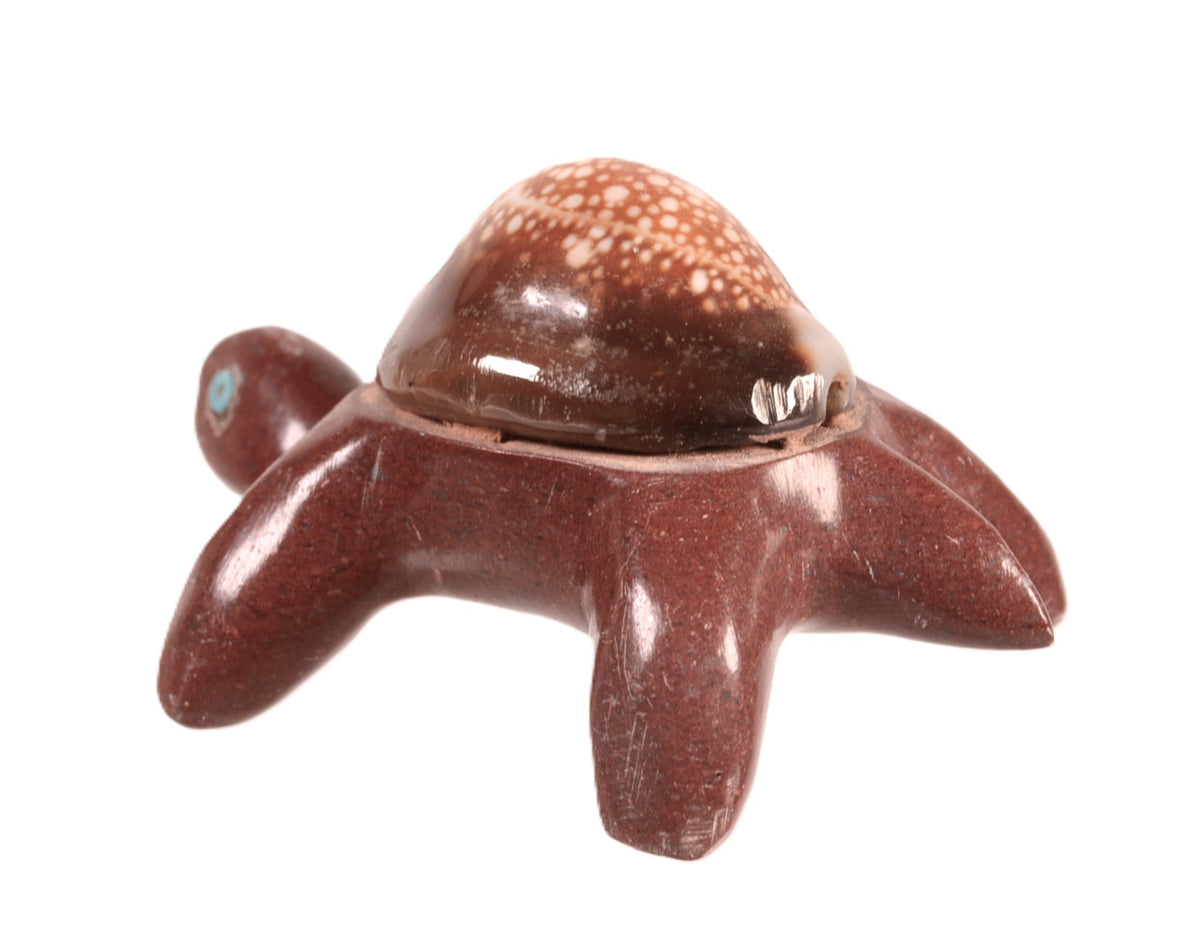 Zuni Pueblo Carved Red Stone Turtle with 1 Seashell Fetish