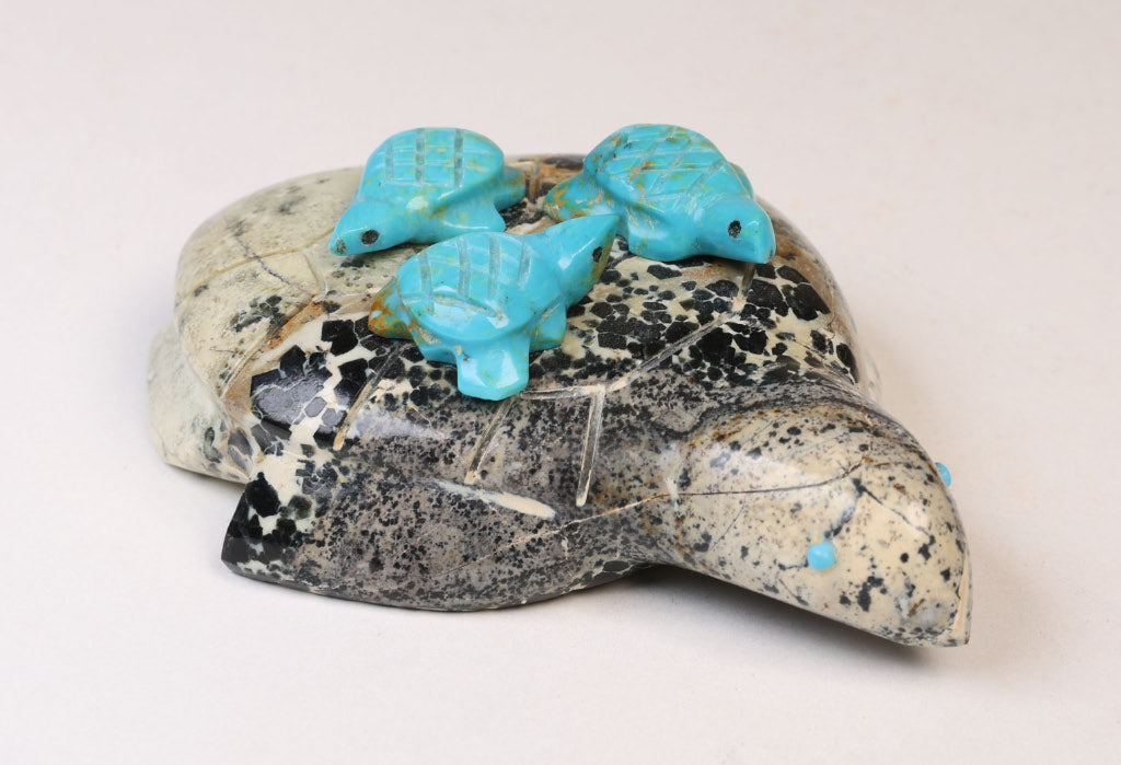 Zuni Stone Turtle Fetish: 3 baby Turquoise Turtles on a Turtle