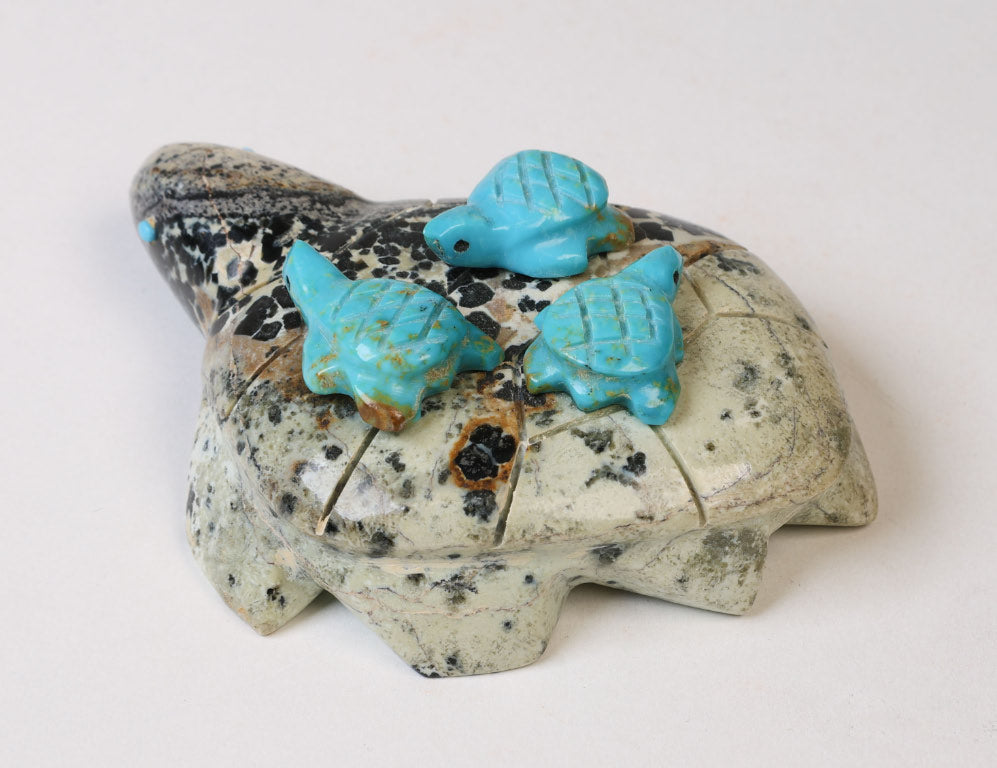 Zuni Stone Turtle Fetish: 3 baby Turquoise Turtles on a Turtle