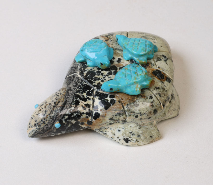 Zuni Stone Turtle Fetish: 3 baby Turquoise Turtles on a Turtle