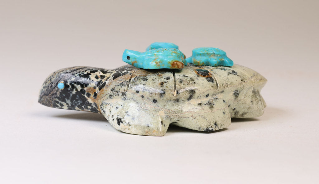 Zuni Stone Turtle Fetish: 3 baby Turquoise Turtles on a Turtle