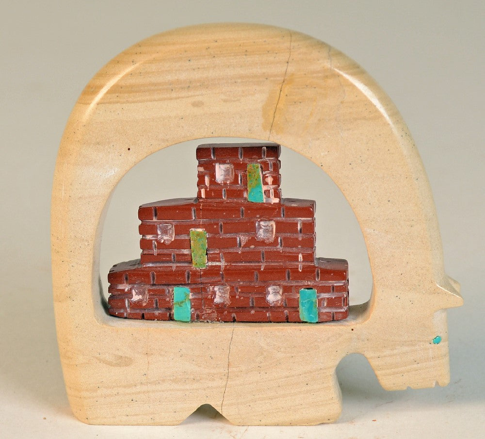 Zuni Bear Fetish / Village with Inset Turquoise