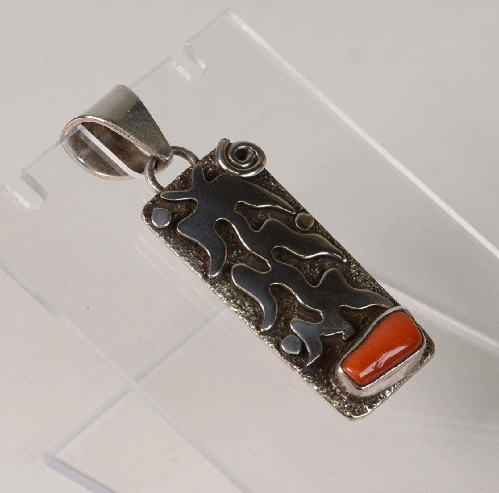 Alex Sanchez signed (Gallup, NM) Coral Pendant with Corn Plant Silver overlay