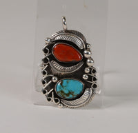 Navajo Sterling silver pendant with Coral and Turquoise settings
