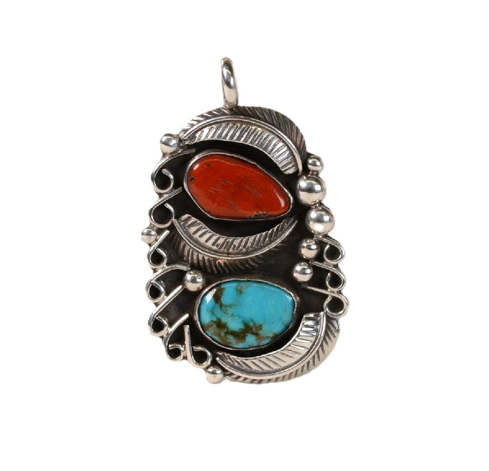 Navajo Sterling silver pendant with Coral and Turquoise settings