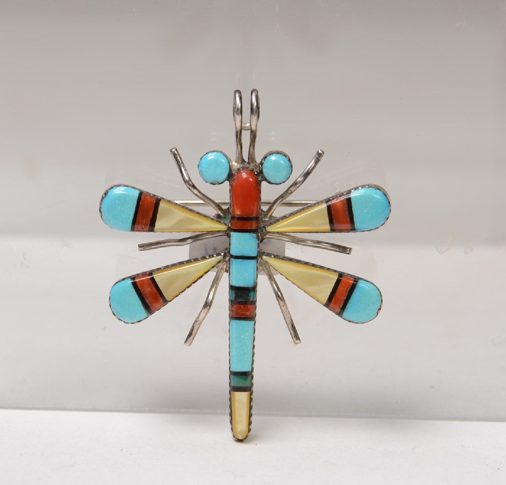 Zuni Dragonfly Pin/Pendant Turquoise, Coral, Mother of Pearl, Inlaid