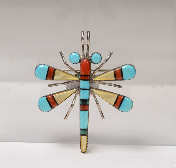 Zuni Dragonfly Pin/Pendant Turquoise, Coral, Mother of Pearl, Inlaid