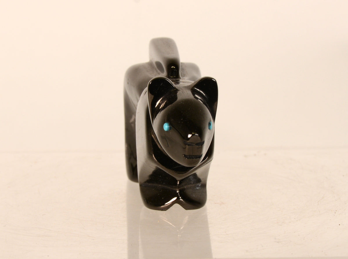 Zuni Black Jet Mountain Lion Fetish with Turquoise Eyes
