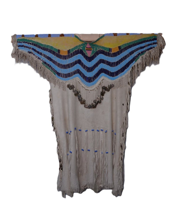 Plateau Beaded Hide Dress, Pony Beaded with Chinese Coins and thimble – Antique American Indian Art