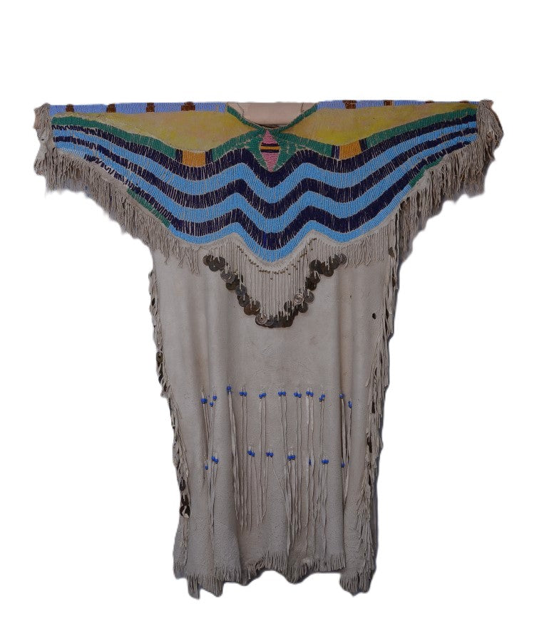 Plateau Beaded Hide Dress, Pony Beaded with Chinese Coins and thimble attachments.