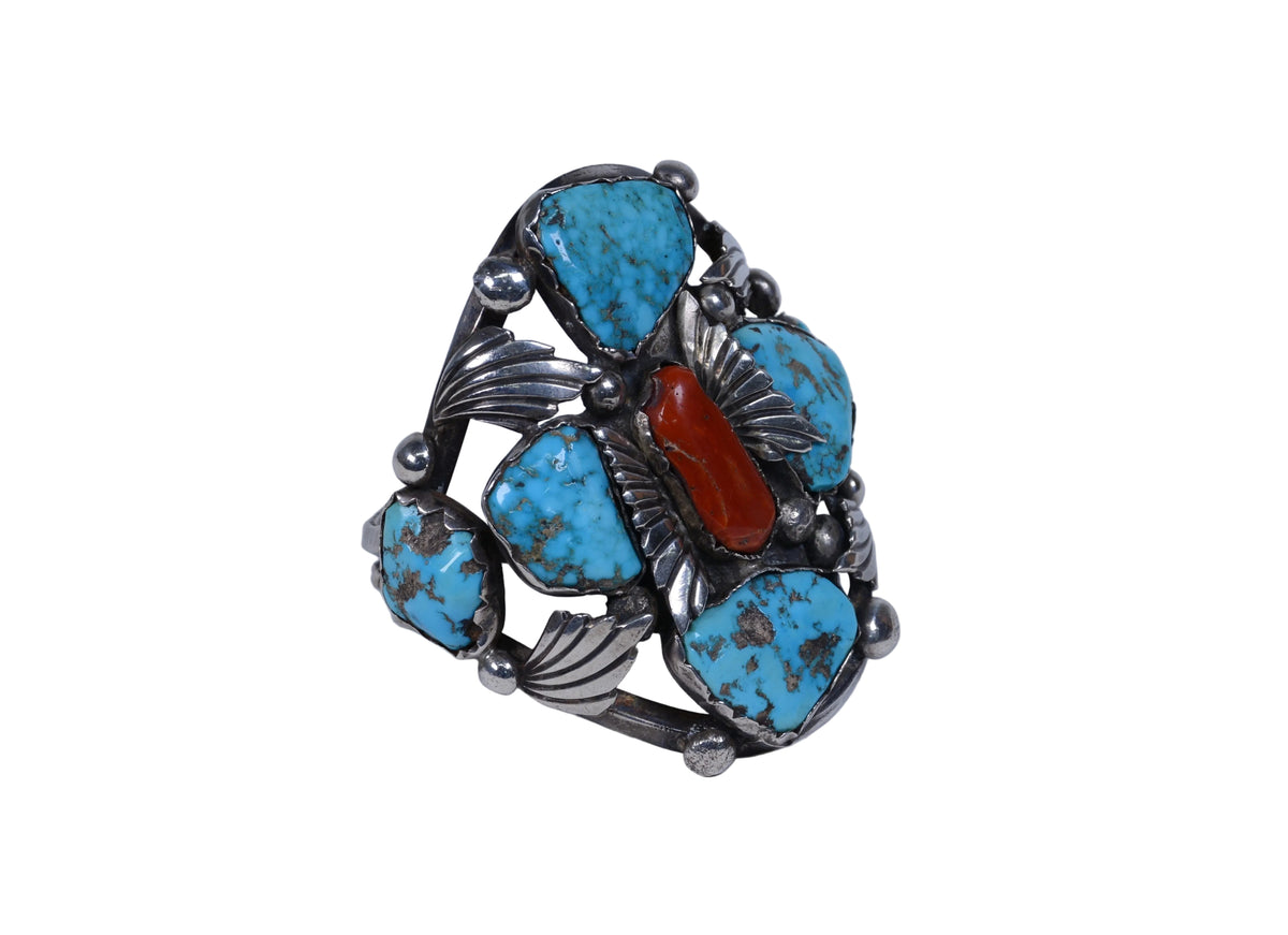 Large Zuni Sterling Silver and Coral Cuff Bracelet by Dan Simplicio