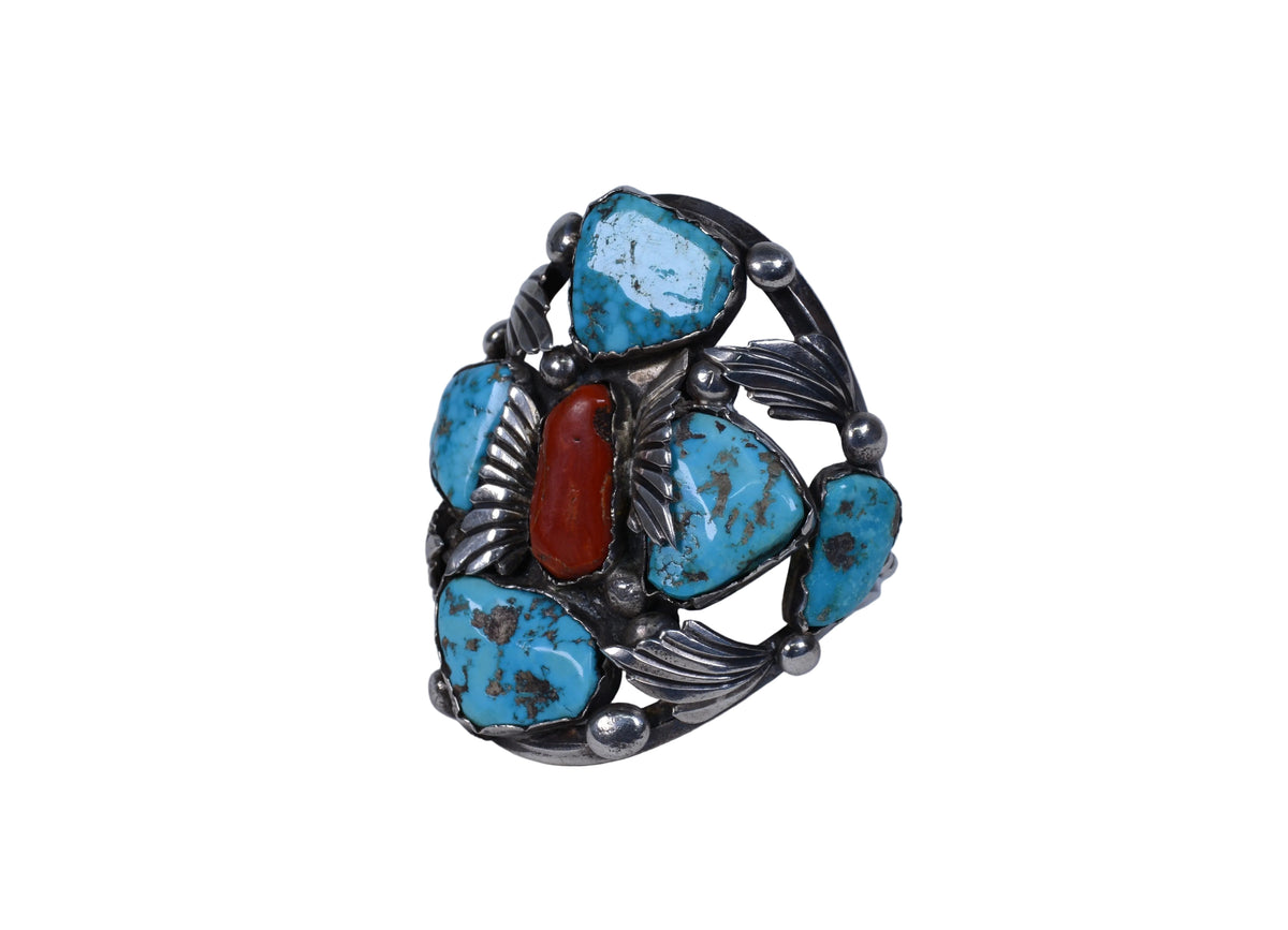 Large Zuni Sterling Silver and Coral Cuff Bracelet by Dan Simplicio