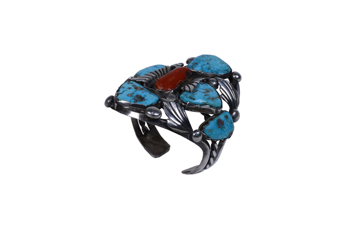 Large Zuni Sterling Silver and Coral Cuff Bracelet by Dan Simplicio
