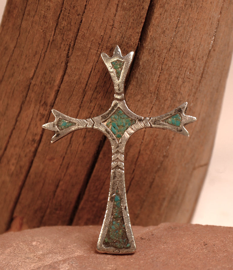 Navajo Turquoise Chip Inlay Sterling Silver Cross Pendant