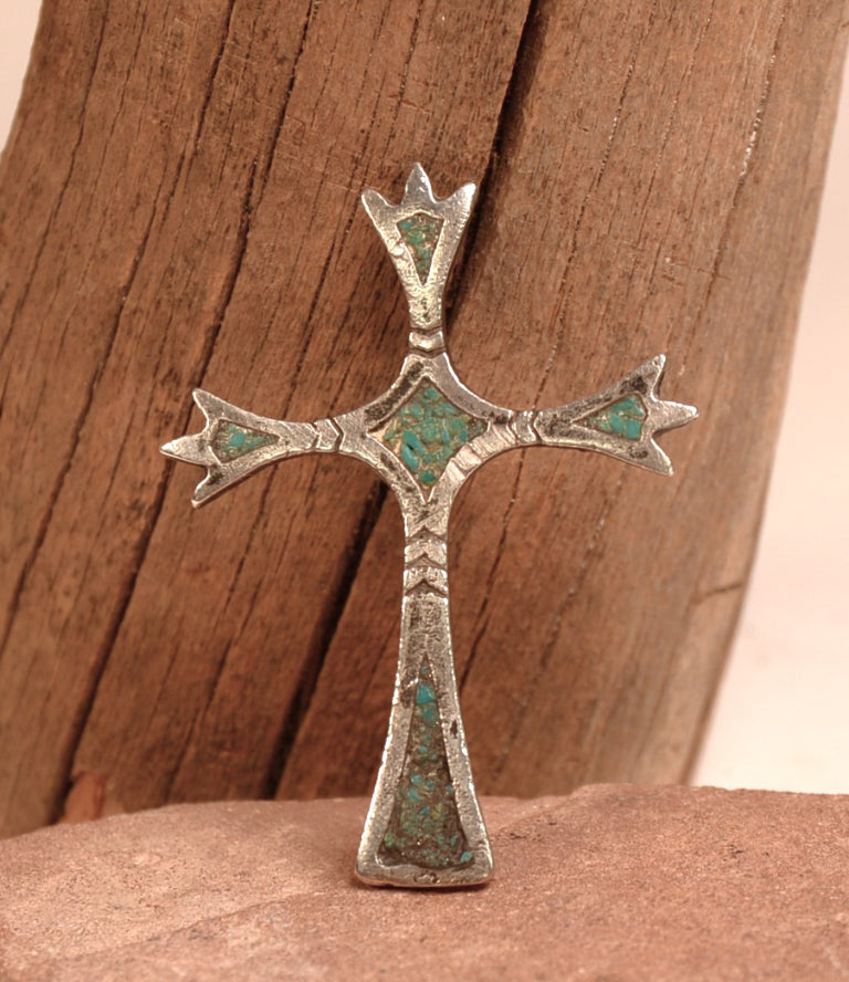 Navajo Turquoise Chip Inlay Sterling Silver Cross Pendant