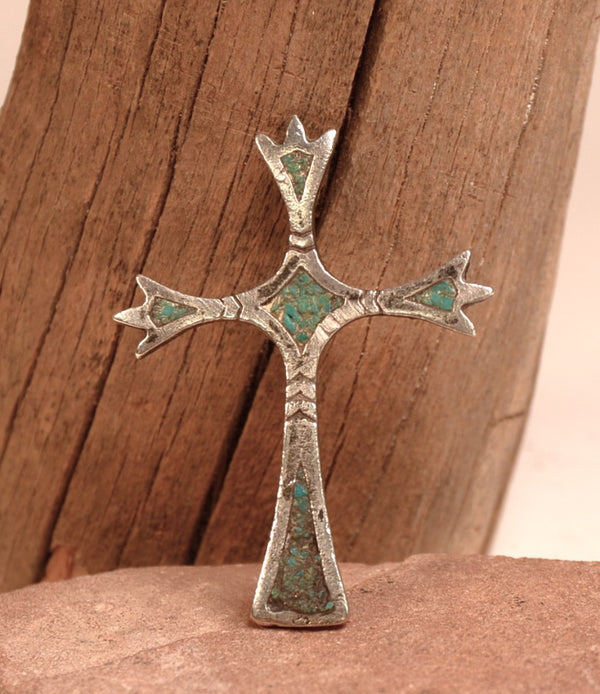 Navajo Turquoise Chip Inlay Sterling Silver Cross Pendant
