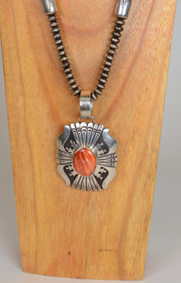Navajo Silver Beaded Necklace with Silver Overlay Pendant by Tommy Singer