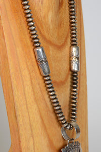 Navajo Silver Beaded Necklace with Silver Overlay Pendant by Tommy Singer