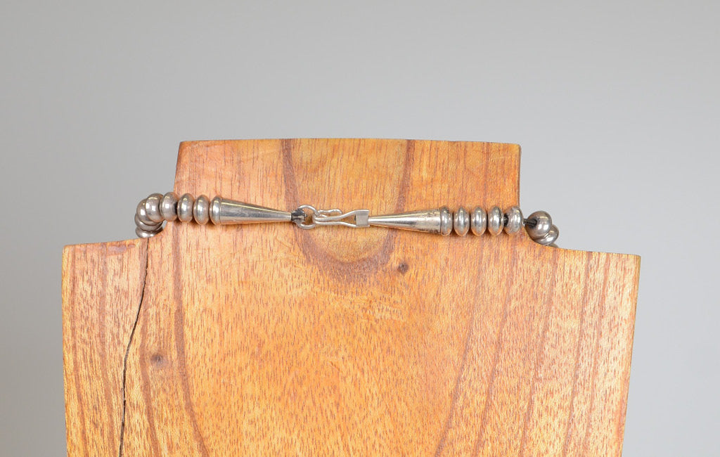 Navajo Silver Beaded Necklace with Silver Overlay Pendant by Tommy Singer