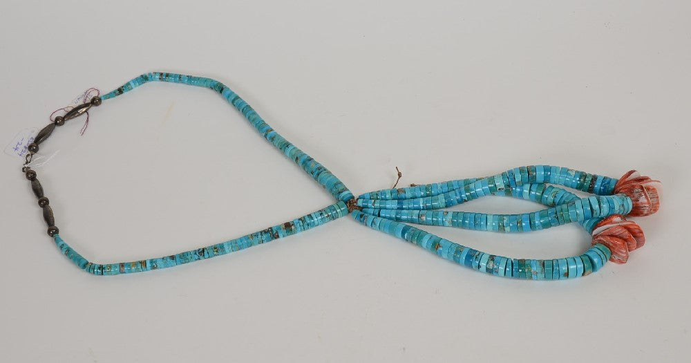 Vintage Navajo hand rolled Turquoise and Spondylus Shell Jacla Necklace