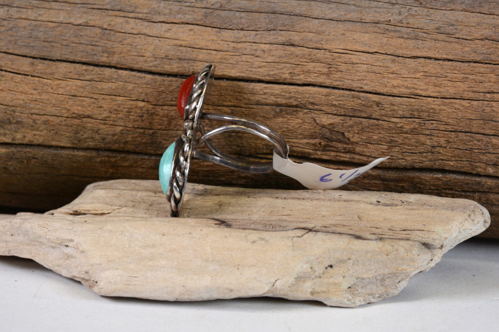 Navajo Sterling Silver Ring with Turquoise Coral 6 1/2