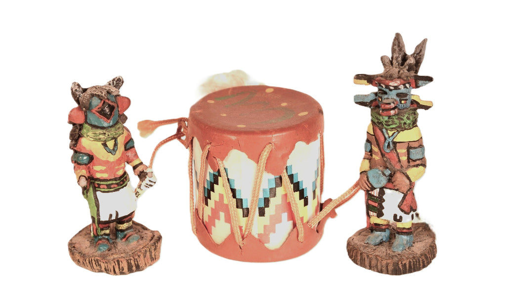 Navajo Kachina Dolls and Drum 3 Piece Set