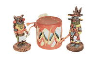 Navajo Kachina Dolls and Drum 3 Piece Set