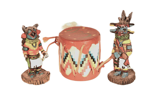 Navajo Kachina Dolls and Drum 3 Piece Set