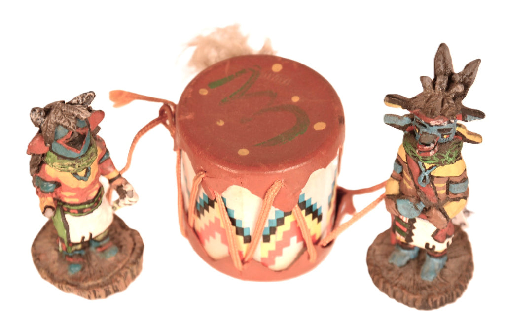 Navajo Kachina Dolls and Drum 3 Piece Set