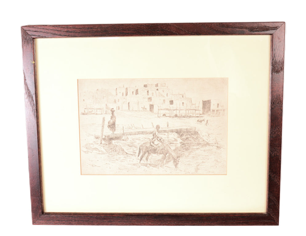 Fine Art Ink Drawing Pueblo Scene