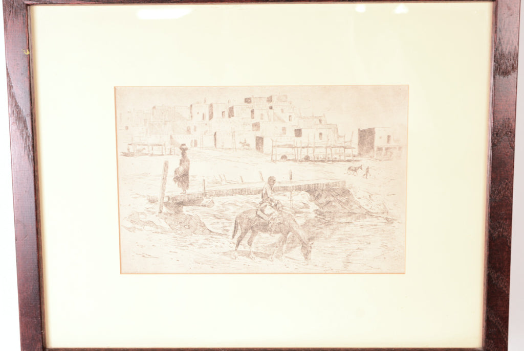 Fine Art Ink Drawing Pueblo Scene