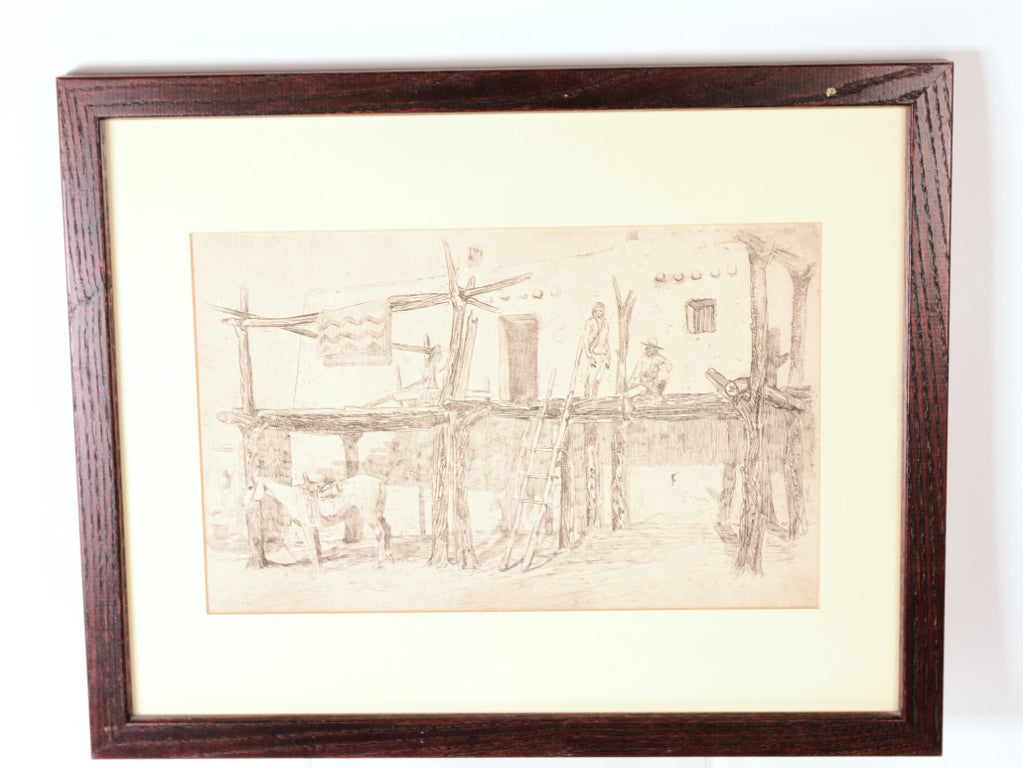 Fine Art Ink Drawing Pueblo Scene