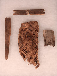 Framed Prehistoric Sandal Fragment and Wood Artifacts