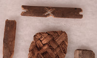 Framed Prehistoric Sandal Fragment and Wood Artifacts