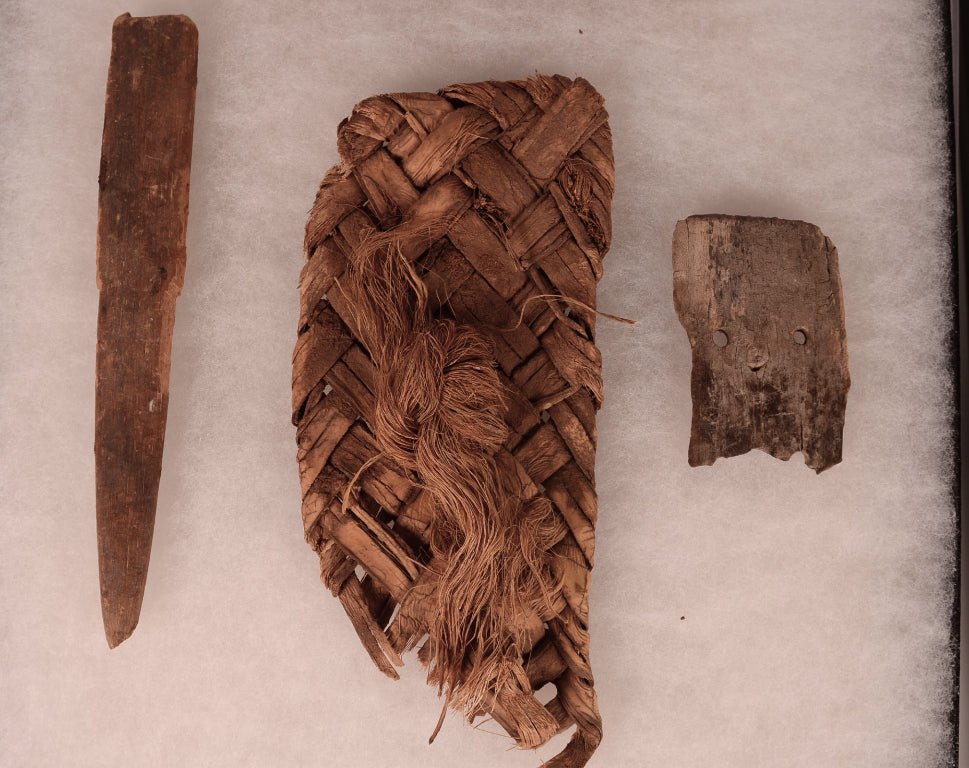 Framed Prehistoric Sandal Fragment and Wood Artifacts