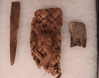 Framed Prehistoric Sandal Fragment and Wood Artifacts