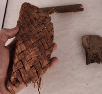 Framed Prehistoric Sandal Fragment and Wood Artifacts