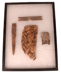 Framed Prehistoric Sandal Fragment and Wood Artifacts