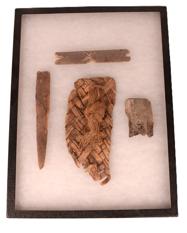 Framed Prehistoric Sandal Fragment and Wood Artifacts